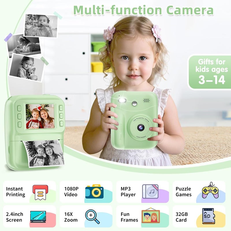 MINIBEAR Kids Camera Instant Print, Instant Print Camera for Kids Digital Camera Toddler Toys Christmas Birthday Gifts for 3 4 5 6 7 8 9 10 Year Old Boys Girls Video Camera with Print Paper, Green - Image 2